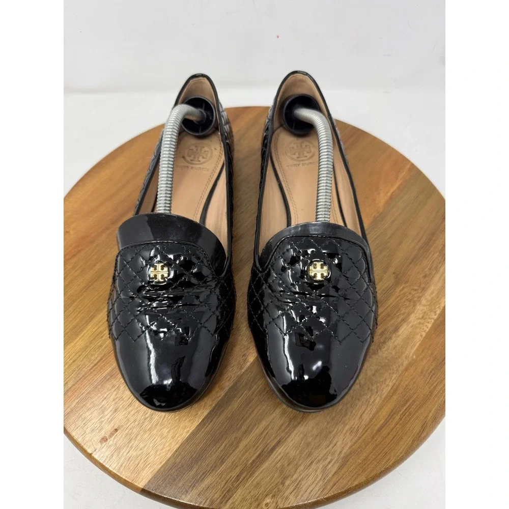 Tory Burch Black Quilted Patent Leather Loafers Gold Logo Flats Size 7M Brazil